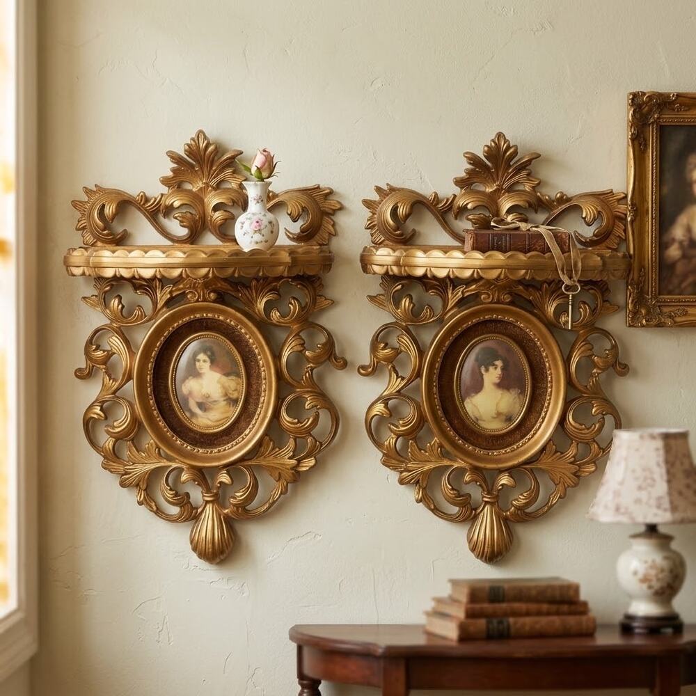 Pair of Gold Rococo Shelf Sconces "A Cameo Creation" Vintage Countess Portraits